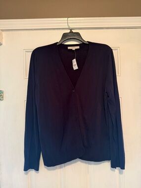 LOFT Navy V-Neck Button-Front Cardigan Sweater